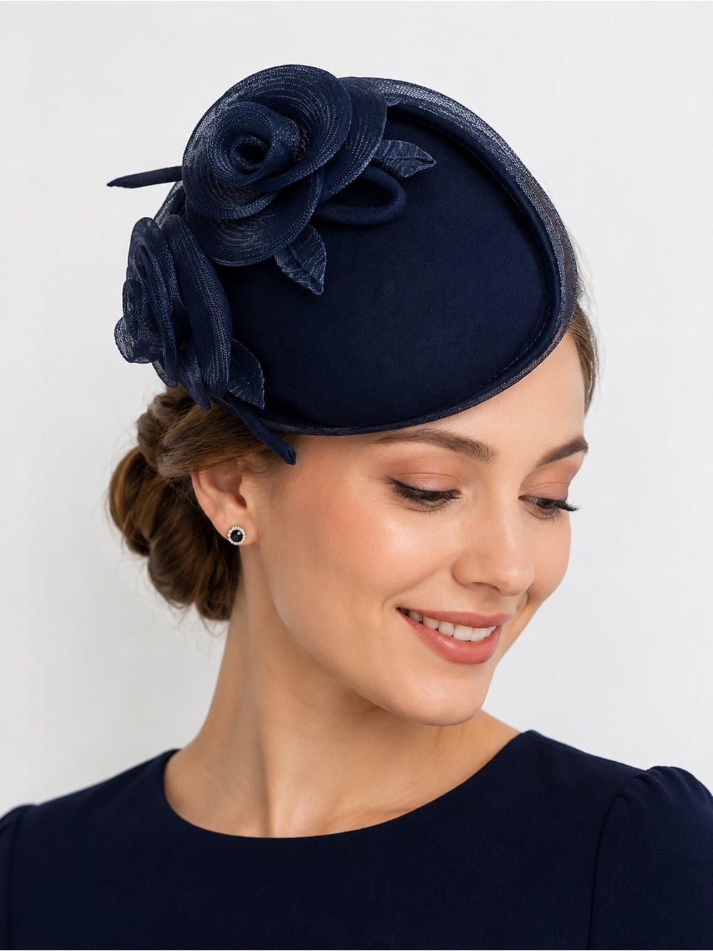 Vintage Amitié Pineault Navy Wool Felt Floral Cloche Hat Made in Canada Elegant